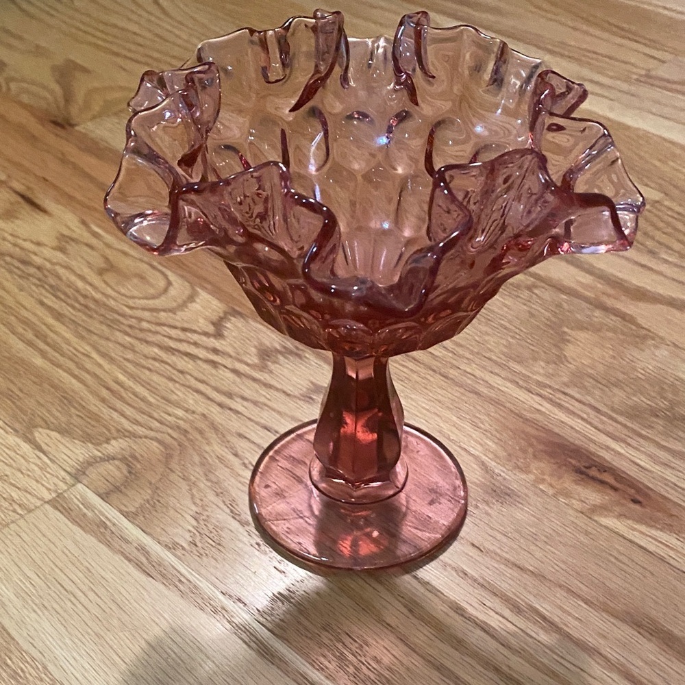 Fenton pink Glass candy dish with Ruffled Edge